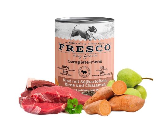 FRESCO UMIDO CANE MANZO PATATE PERA  con semi di chia 400 gr Completo