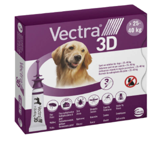 VECTRA 3D CANE 25-40 KG (3 PIPETTE)  - CONTRO PULCI, ZECCHE E FLEBOTOMI 