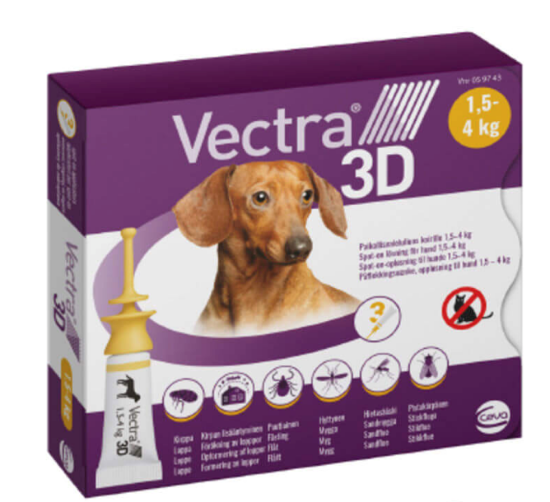 VECTRA 3D CANE 1,5 - 4  KG (3 PIPETTE)  - CONTRO PULCI, ZECCHE E FLEBOTOMI