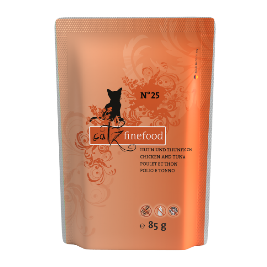 CATZ FINEFOOD POLLO TONNO e CAMOMILLLA N. 25 UMIDO GATTO  COMPLETO 85 GR. BUSTINA