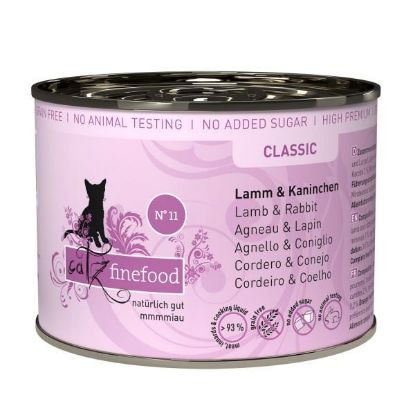 CATZ FINEFOOD AGNELLO, CONIGLIO MIRTILLI CAROTE N.11 UMIDO GATTO  COMPLETO 200 GR. Lattina