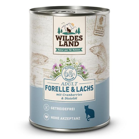 WILDES LAND UMIDO COMPLETO GATTO SALMONE TROTA  E MIRTILLI 375 gr   Linea CLASSIC