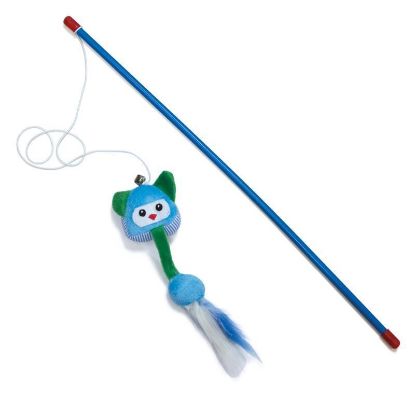 GIOCO GATTO PELUCHE AZZURRO LEGATO AL BASTONCINO 50 cm