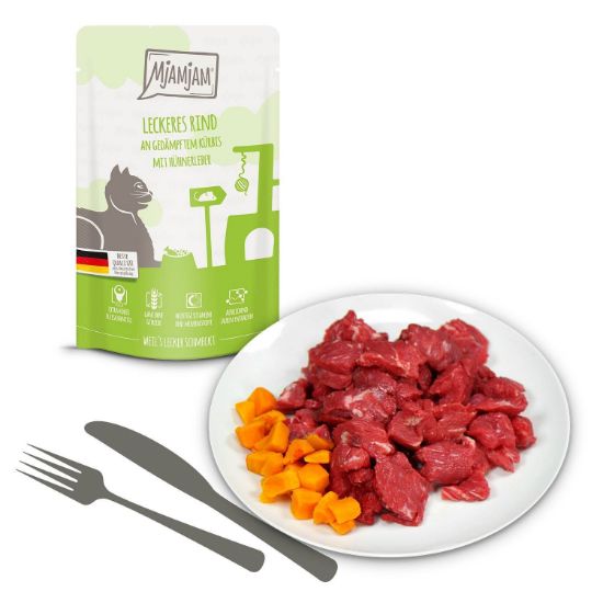 MJAMJAM BUSTINE QUETSCHIE MANZO CON ZUCCA UMIDO GATTO  COMPLETO 125 GR.
