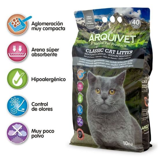 Negozio prodotti CANI E GATTI. LETTIERA GATTO BENTONITE  ARQUIVET AGGLOMERANTE AI CARBONI ATTIVI 10 KG