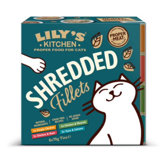 LILY'S KITCHEN UMIDO GATTO MULTIPACK 8 LATTINE (2 X 4 GUSTI) FILETTI IN BRODO 70 GR - SHREDDED FILLETS 