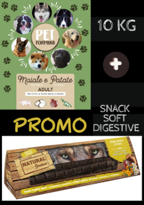 Immagine di PROMO PETFORMULA MAIALE PATATE  10 KG + SNACK MORBIDO DIGESTIVE 150 GR NATURAL GREATNESS