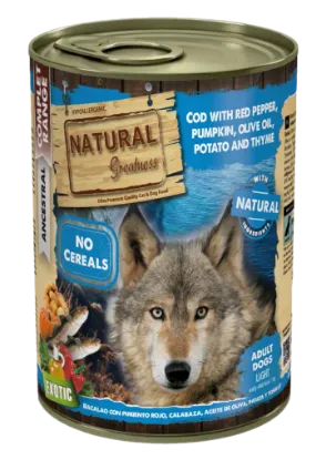 NATURAL GREATNESS UMIDO CON MERLUZZO, PEPERONI, ZUCCA, PATATE E TIMO 390 GR