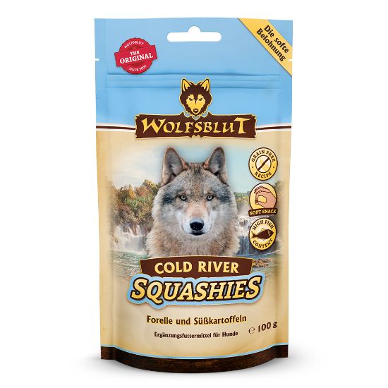 WOLFSBLUT SQUASHIES COLD RIVER AL PESCE  SOFT SNACK PREMIETTI   100 GR. GRAIN FREE.