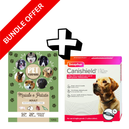 Immagine di BUNDLE PETFORMULA MAIALE PATATE  10 KG + COLLARE CANISHIELD SIMIL SCALIBOR 65 CM TAGLIE MEDIO GRANDI